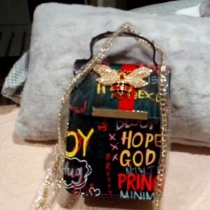 Small shoulder purse, black and multi colorful